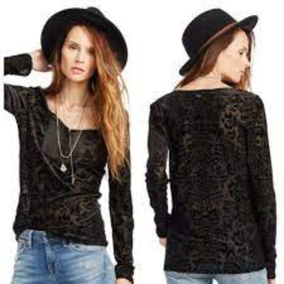 Denim & Supply Ralph Lauren Tops - Velvet Burnout Long-Sleeve Scoop Neck Top - Black